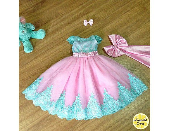 Vestido para Daminha Verde e Rosa - Infantil