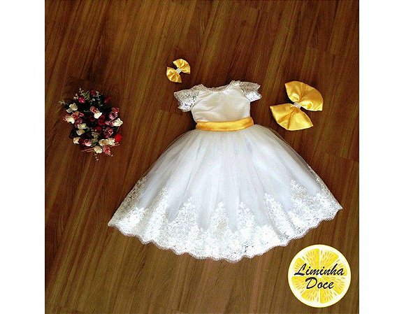 Vestido de Daminha Branco com Faixa Amarela - Infantil