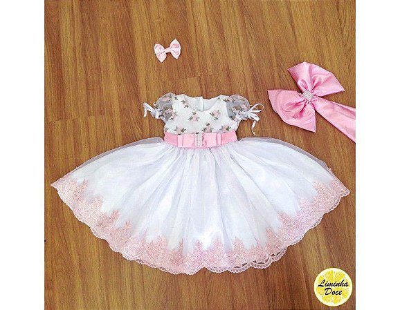 Vestido de Daminha Branco com Tule Bordado - Infantil