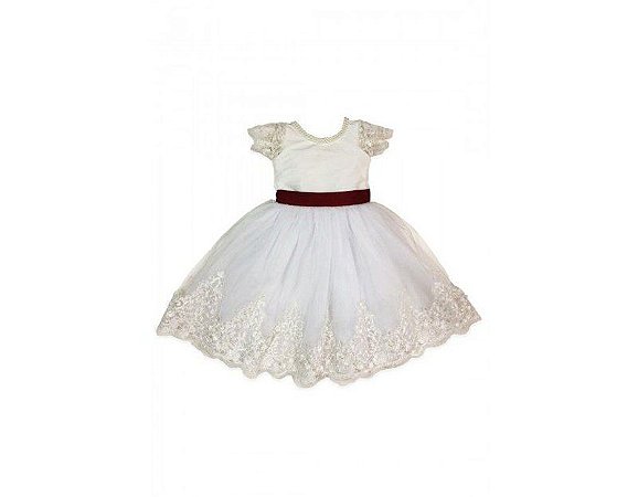 Vestido de Daminha Branco e Marsala com Tule Francês - Infantil
