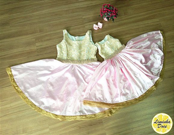 vestido tal mae tal filha rosa com dourado