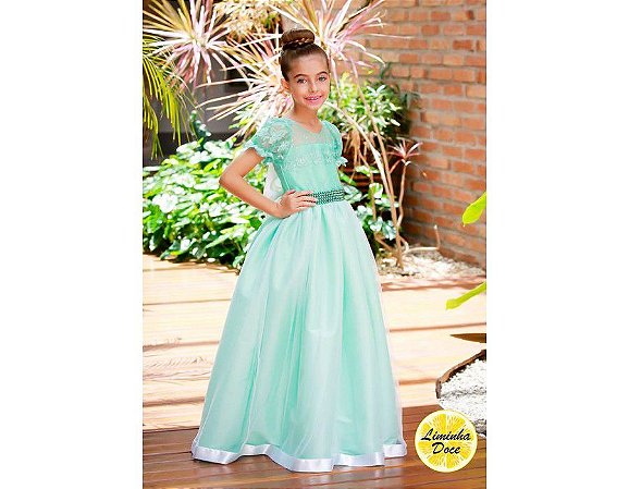 vestido de daminha branco com verde tiffany