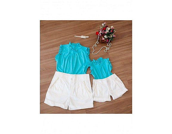 Conjunto Shorts Branco e Blusa Azul - Mãe e Filha