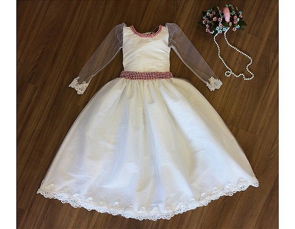 vestido de daminha branco manga longa