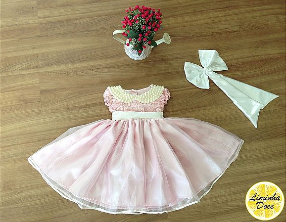 Vestido Social Rosa Claro com Renda - Infantil
