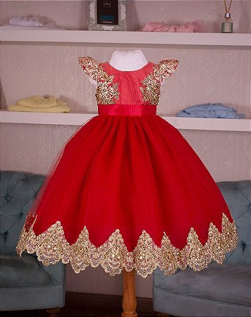 Vestido Princesa Infantil Vermelho Com Dourado