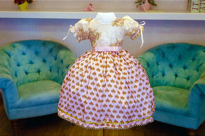 Vestido de Festa de Estampa Coroas Rosa Bebê - Infantil