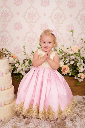 Vestido Rosa com Dourado - Infantil