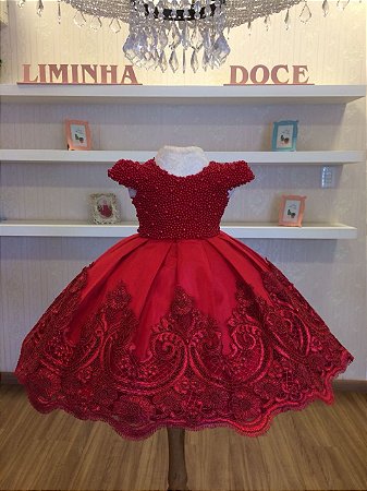 Vestido de Daminhas Bordado em Perolas Vermelhas - Infantil