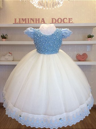 Vestido Infantil Luxo Bordado Em Perolas Azul-Infantil