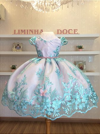 Vestido de Festa Bosque das Borboletas Rosa Com Tiffany - Infantil