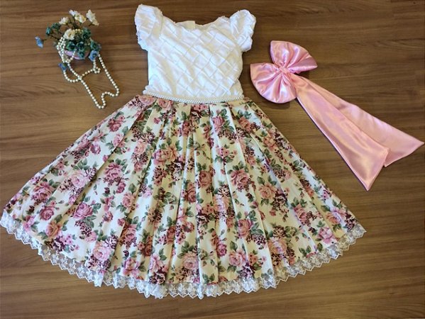 Vestido Festa Floral Com Flores Rose  -Infantil