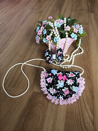 kit Bolsa e Laço Floral Preto-Infantil