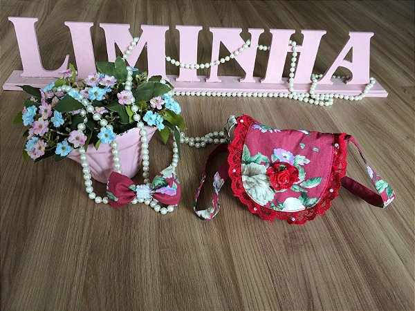 Kit Bolsa e Laço Floral Vermelho-Infantil