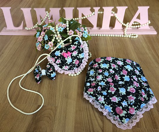 Babador e Bolsa Floral Preto-Acessórios