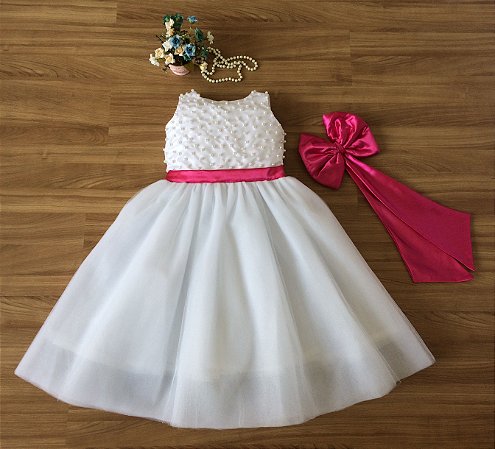 Vestido Para Aia Branco Faixa Pink  - Daminhas de Honra