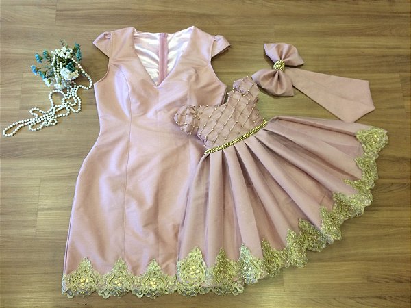 Vestido Mae e filha Rose Com Dourado-Mae e Filha