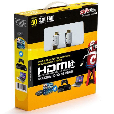 Cabo HDMI 2.0 Flat Desmontável - 19 Pinos, 4K, Ultra HD, 3D - 50 Metros - Cirilo Cabos