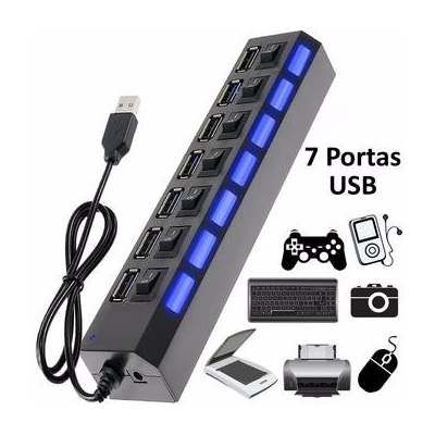 Hub USB 2.0 7 Portas Opcional de Fonte - Com Teclas ON/OFF Hicht Speed- Preto