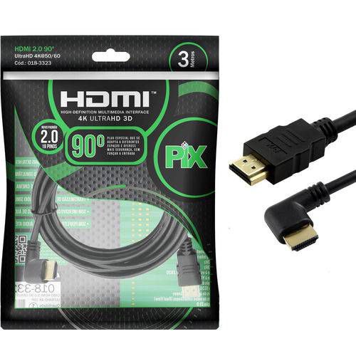 Cabo HDMI 2.0 - 3 Metros - 4k 19 Pinos - Plug 90 Graus - Pix 018-3323 - ChipSce