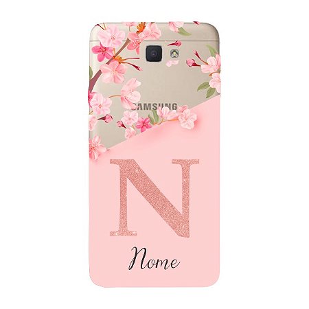 Capinha para Samsung J7 Prime Anti Impacto Personalizada - Delicate Flowers Rosa com nome e fundo transparente