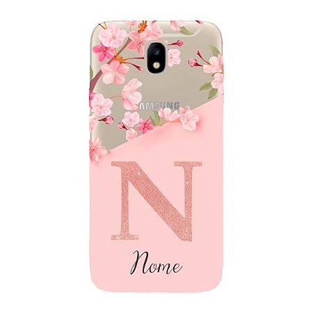 Capinha para Samsung J7 Pro Anti Impacto Personalizada - Delicate Flowers Rosa com nome e fundo transparente