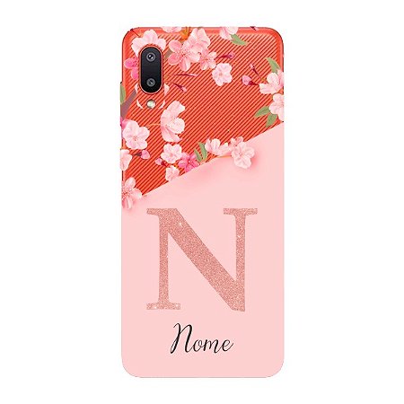 Capinha para Samsung M02 Anti Impacto Personalizada - Delicate Flowers Rosa com nome e fundo transparente