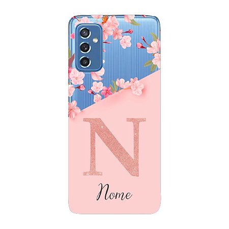 Capinha para Samsung M52 5G Anti Impacto Personalizada - Delicate Flowers Rosa com nome e fundo transparente