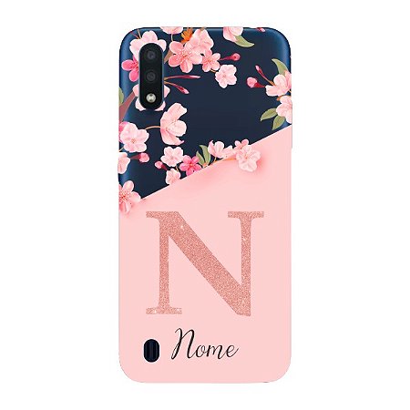 Capinha para Samsung A01 Anti Impacto Personalizada - Delicate Flowers Rosa com nome e fundo transparente