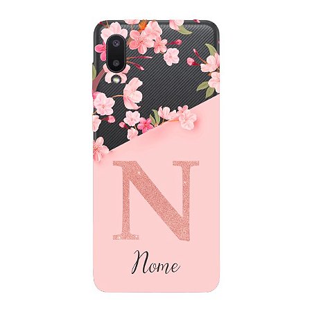 Capinha para Samsung A02 Anti Impacto Personalizada - Delicate Flowers Rosa com nome e fundo transparente