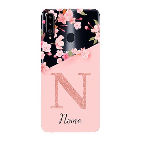 Capinha para Samsung A20s Anti Impacto Personalizada - Delicate Flowers Rosa com nome e fundo transparente