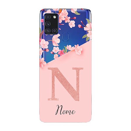 Capinha para Samsung A21s Anti Impacto Personalizada - Delicate Flowers Rosa com nome e fundo transparente