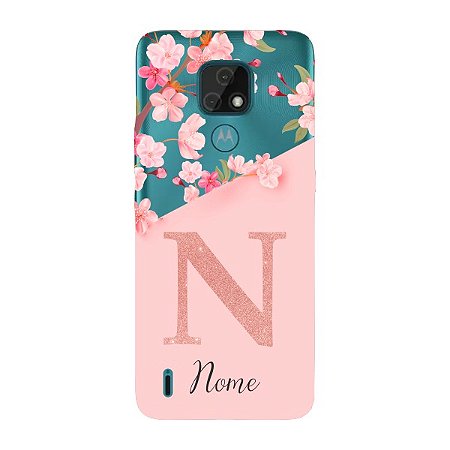 Capinha para Moto E7 Anti Impacto Personalizada - Delicate Flowers Rosa com nome e fundo transparente