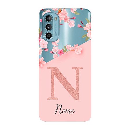 Capinha para Moto G52 Anti Impacto Personalizada - Delicate Flowers Rosa com nome e fundo transparente