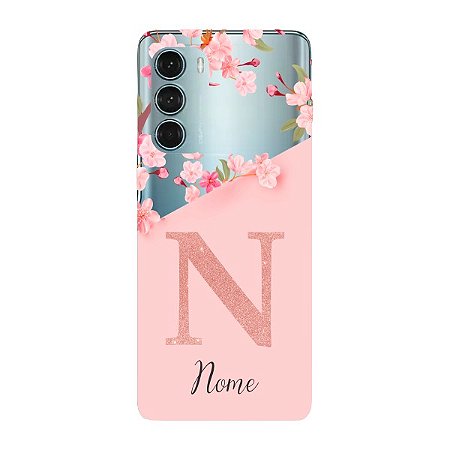 Capinha para Moto G200 Anti Impacto Personalizada - Delicate Flowers Rosa com nome e fundo transparente