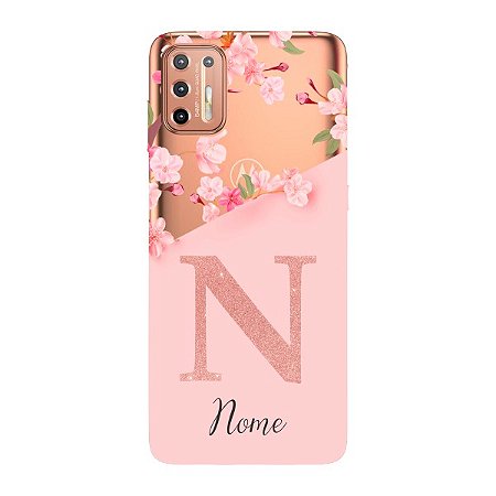 Capinha para Moto G9 Anti Impacto Personalizada - Delicate Flowers Rosa com nome e fundo transparente