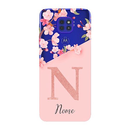 Capinha para Moto G9 Play Anti Impacto Personalizada - Delicate Flowers Rosa com nome e fundo transparente