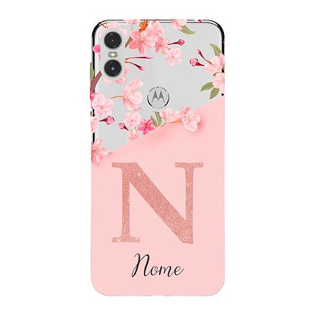 Capinha para Moto One Anti Impacto Personalizada - Delicate Flowers Rosa com nome e fundo transparente