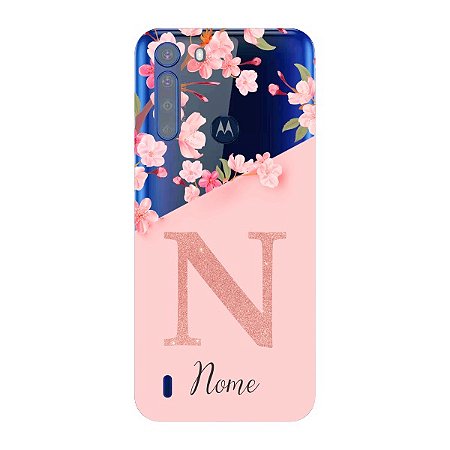 Capinha para Moto One Fusion Anti Impacto Personalizada - Delicate Flowers Rosa com nome e fundo transparente