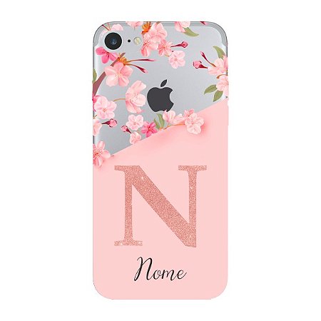 Capinha para iPhone 7 Anti Impacto Personalizada - Delicate Flowers Rosa com nome e fundo transparente