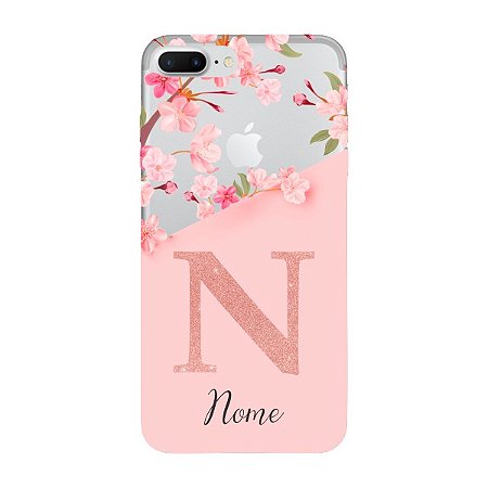 Capinha para iPhone 7 Plus Anti Impacto Personalizada - Delicate Flowers Rosa com nome e fundo transparente