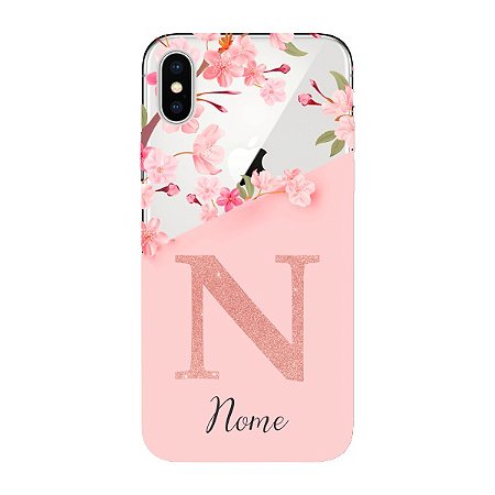 Capinha para iPhone X Anti Impacto Personalizada - Delicate Flowers Rosa com nome e fundo transparente