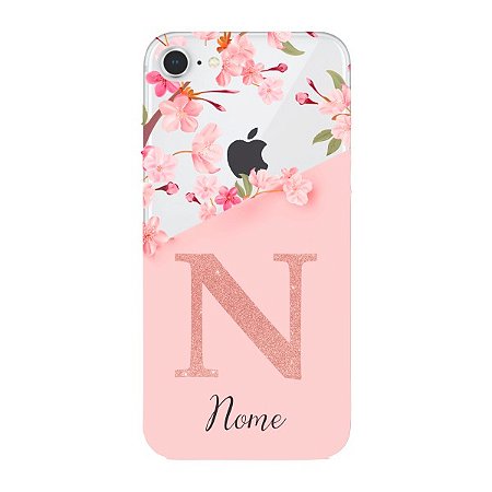 Capinha para iPhone SE 2020 Anti Impacto Personalizada - Delicate Flowers Rosa com nome e fundo transparente