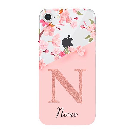 Capinha para iPhone SE 2022 Anti Impacto Personalizada - Delicate Flowers Rosa com nome e fundo transparente