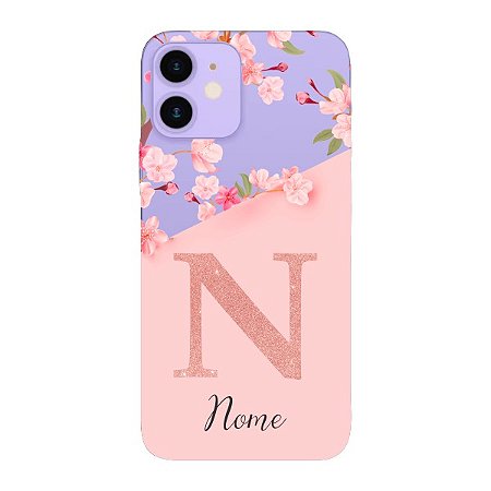 Capinha para iPhone 12 Mini Anti Impacto Personalizada - Delicate Flowers Rosa com nome e fundo transparente