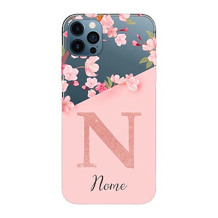 Capinha para iPhone 12 Pro Max Anti Impacto Personalizada - Delicate Flowers Rosa com nome e fundo transparente