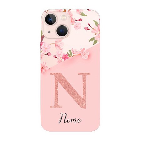 Capinha para iPhone 13 Mini Anti Impacto Personalizada - Delicate Flowers Rosa com nome e fundo transparente