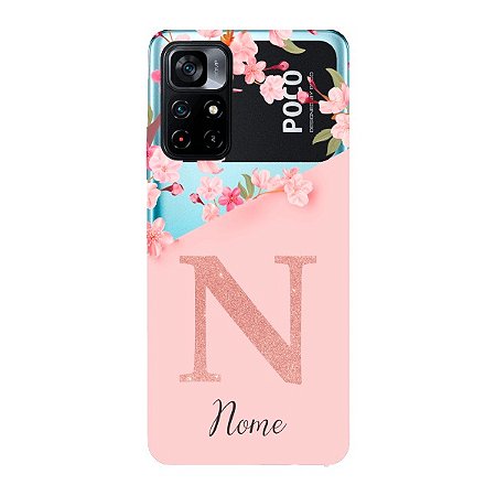 Capinha para Xiaomi Poco M4 Pro 5G Anti Impacto Personalizada - Delicate Flowers Rosa com nome e fundo transparente