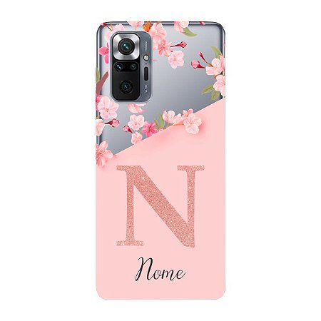 Capinha para Xiaomi RedMi Note 10 Pro Anti Impacto Personalizada - Delicate Flowers Rosa com nome e fundo transparente