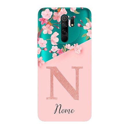 Capinha para Xiaomi RedMi 9 Anti Impacto Personalizada - Delicate Flowers Rosa com nome e fundo transparente